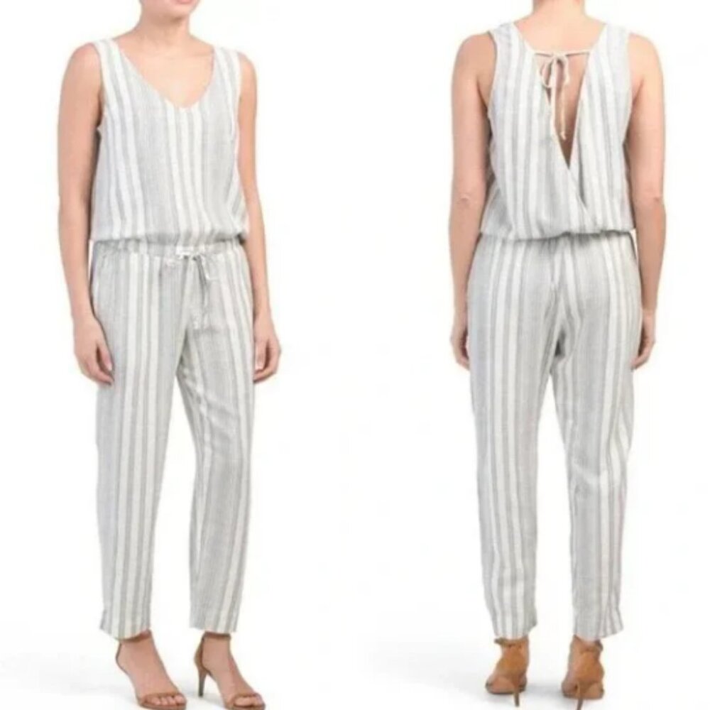 Cloth & Stone Halter Tie Striped Sleeveless Linen Blend Jumpsuit Size Medium